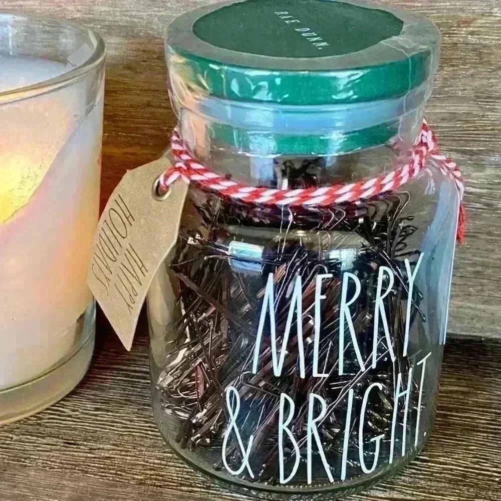NEW 300 Bobby Pins MERRY & BRIGHT Adorable reusable glass jar w/ Lid by RAE DUNN - Picture 10 of 12